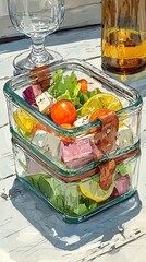 Work lunch glass container concept, Fresh salad in a glass container ready for a healthy meal.