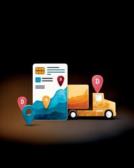 Blockchain in logistics tracking concept, Illustration of a delivery truck and location pins for logistics.