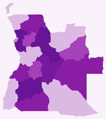 Map of Angola with regions. Just a simple country border map with region division. Purple color palette. Plain Angola shape with administrative division. Vector illustration.