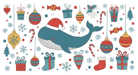 Festive whale surrounded by christmas ornaments and gift boxes illustration