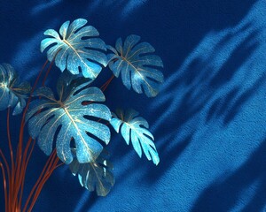 Vibrant monstera leaves casting elegant shadows on a bold blue background.