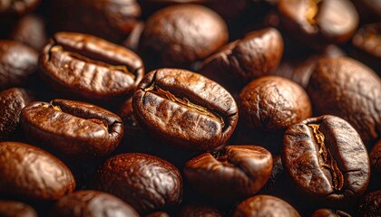 Roasted Coffee Beans Pile in Macro Shot Dark Brown Texture Background