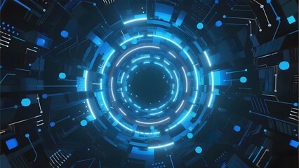 Obraz premium Futuristic digital tunnel with glowing blue circuit patterns and concentric rings