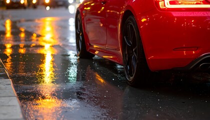 A Sleek Red Car on a Rainy Night
