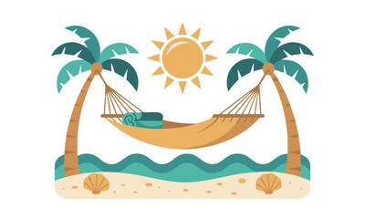 Relaxing Beach Scene with Hammock and Palm Trees.