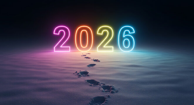 2026: Illuminating the Future: A vibrant, neon-lit 2026 stands as a beacon, guiding footsteps across a misty landscape, symbolizing progression into a new era.