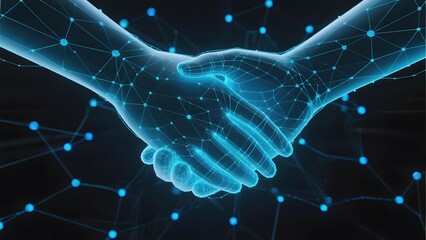 Digital handshake formed by interconnected nodes and lines, symbolizing technology and collaboration