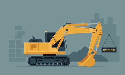 Yellow Excavator Machine on Construction Site Illustration.
