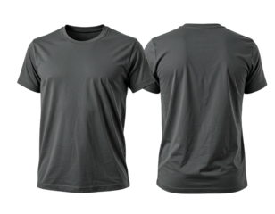 Front and back view of a plain, gray crew neck t-shirt on a black backdrop