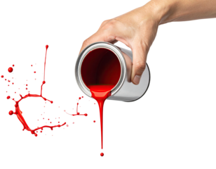 Hand pouring bright red liquid from a metal can, creating a splash effect