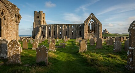 Ancient stone ruins of a church with graveyard against a clear blue sky