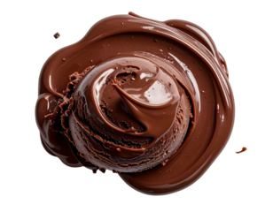 Overhead view of a scoop of dark chocolate ice cream in a pool of melted topping