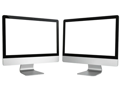 Two modern desktop computers, blank screens, sitting next to each other