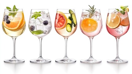 Row of Glasses Filled with Refreshing Cucumber, Orange, Mint and Basil Infused Waters