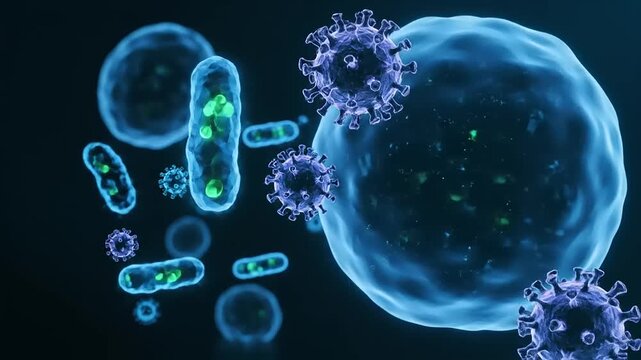 An artistic rendering of viruses and bacteria, showcasing their intricate structures and highlighting the unseen world of microorganisms.