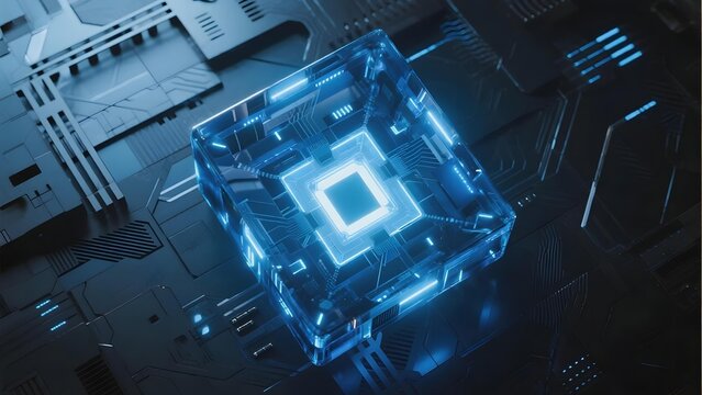 Futuristic glowing blue cube with circuitry and digital interface elements