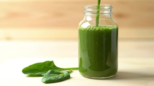 Pouring Vibrant Green Detox Smoothie into a Glass Bottle Featuring Fresh Spinach Leaves with Water Droplets on a Natural Wooden Background Healthy Lifestyle Dri
