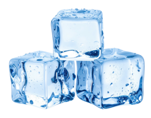 Three transparent ice cubes stacked, glistening with condensation against a black backdrop