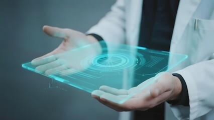 Person in lab coat holding a transparent futuristic display with holographic interface