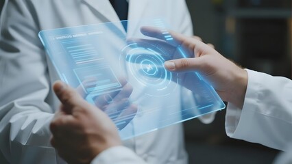 Scientist interacting with a transparent digital tablet displaying futuristic interface
