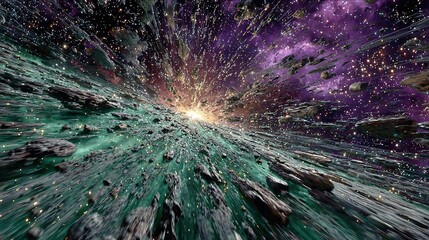 Obraz premium Abstract cosmic scene with rocks and colorful nebula light explosion effect.