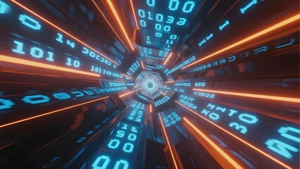Digital tunnel with glowing binary code and neon lines creating a futuristic data corridor effect