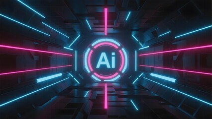 Neon-lit futuristic tunnel with AI symbol at center, featuring glowing blue and pink lines in a high-tech corridor.