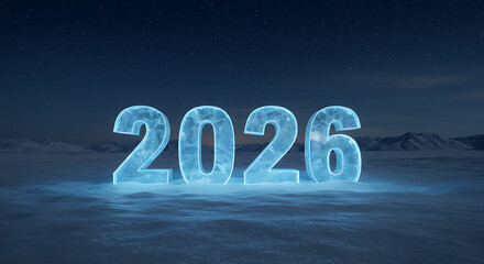 The Frozen Horizon of 2026: A crisp and cool visualization of the upcoming year, rendered in icy hues against the backdrop of a wintry landscape. Capture the chill.