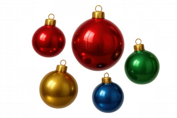 Colorful christmas baubles with shiny surface and golden cap, festive holiday decorations on transparent background