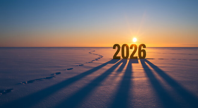 Golden Sunrise of New Beginnings: The year 2026 stands tall, casting long shadows across a pristine snow-covered landscape, as the sun rises, heralding the promise of a new chapter and opportunity.