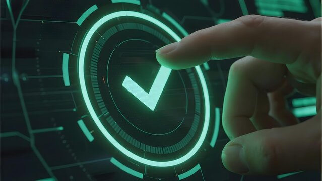 Hand interacting with a futuristic digital interface displaying a green checkmark symbol