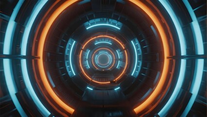 Futuristic circular tunnel with glowing orange and blue neon lights, creating a sci-fi corridor effect