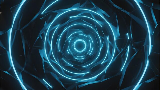 Abstract blue neon tunnel with concentric glowing rings and geometric patterns