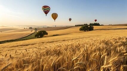 Scenic golden wheat field with hot air balloons in the sky