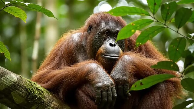 A captivating view of an orangutan nestled among the lush greenery of the Borneo rainforest, showcasing its natural habitat and serene presence.