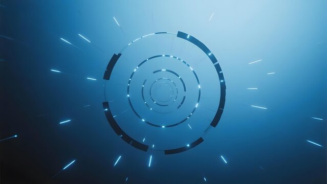 Abstract digital interface with concentric glowing circles and radial light streaks on a blue gradient background