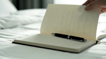 Persons hand turning a page in an open journal or notebook with a pen resting on a bed ready for writing planning or morning reflections