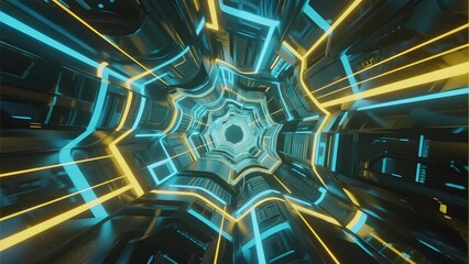 Futuristic neon-lit tunnel with geometric patterns and glowing blue and yellow lines