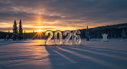 New Year's Eve Spectacle: A stunning winter landscape unfolds as the year 2026 is carved in ice, bathed in the golden rays of sunrise over the snowscape.