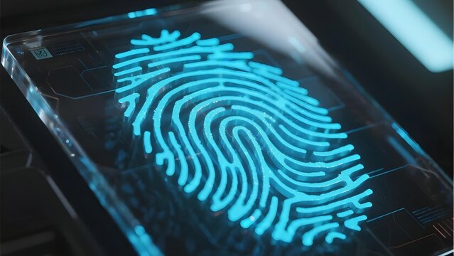 Digital fingerprint scan displayed on a transparent touchscreen interface with glowing blue lines.