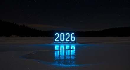 Illuminated 2026 on Ice: A captivating scene unfolds, with a glowing blue 2026 sign prominently displayed against the backdrop of a frozen lake under the night sky.