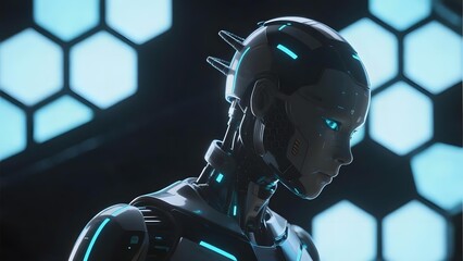 A futuristic robotic figure with glowing blue accents stands in a high-tech environment with hexagonal lighting patterns.