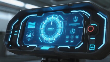 Futuristic digital control panel with illuminated blue interface and circular display