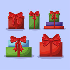 Festive holiday gift boxes with colorful ribbons, perfect for Christmas, birthdays, and celebrations