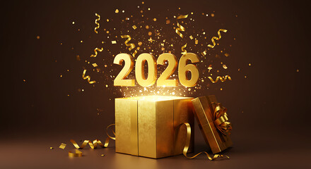 New Year Unveiled: The year 2026 bursts forth from a radiant gift box, symbolizing the dawn of a new era, with golden confetti, whispering promises of opportunity and joy.