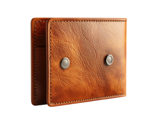 A brown leather wallet, slightly open, showcasing texture and metal snap closures