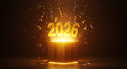 2026's Gift: A stunning visual of a magical present box opening up to reveal the year 2026, symbolizing new opportunities and the bright future to come.