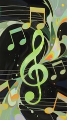 Abstract musical composition featuring a treble clef and colorful notes on a dark background with flowing patterns.