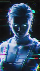 Digital portrait of a futuristic female figure with glowing eyes and cybernetic enhancements, surrounded by neon glitch effects