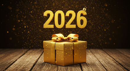 New Year's Gift: A golden gift box sits centered atop a weathered wooden table, adorned with a perfectly tied golden bow, while the number 2026 floats in the background.